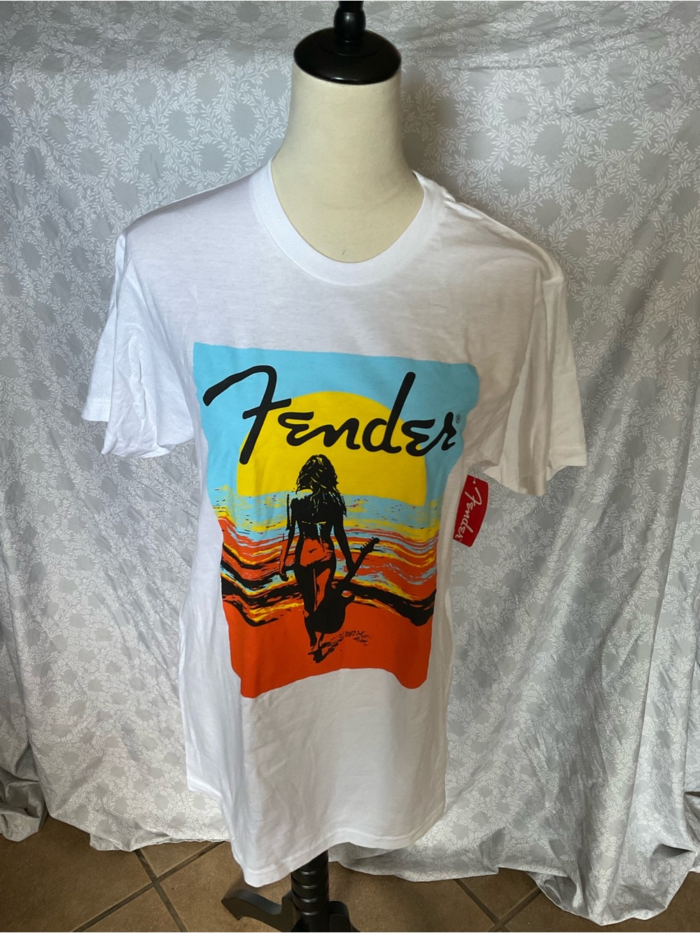 Fender White Tee with Blue, Yellow and Orange Retro Surf Guitar Graphic